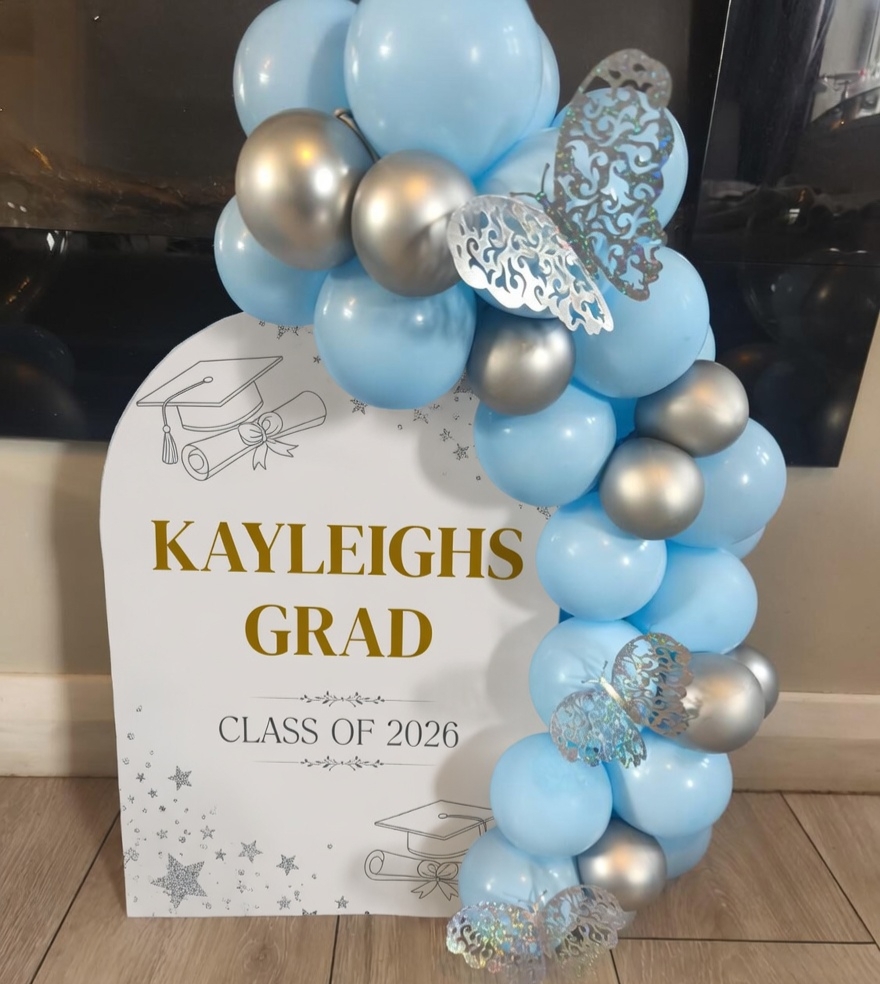 Kayleigh's Grad — blue & silver arch, Class of 2026