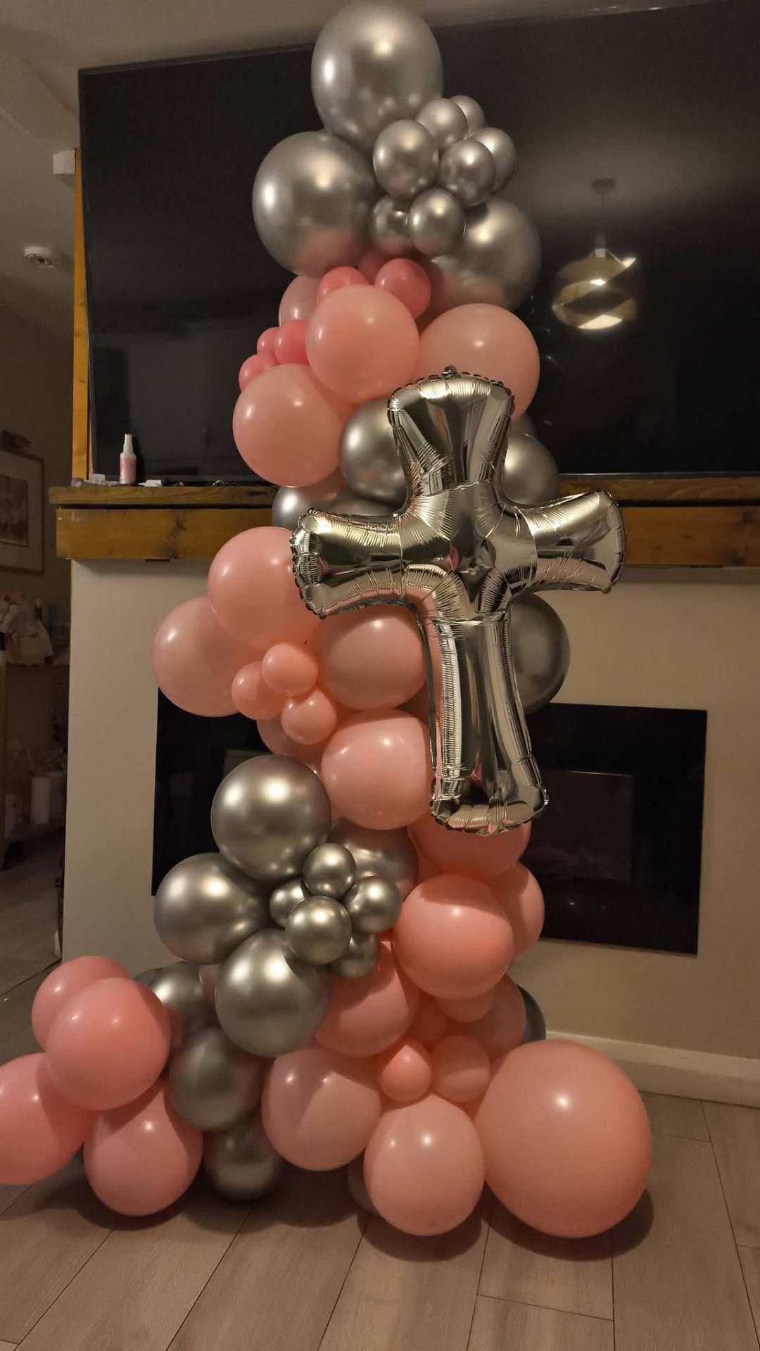 Christening column — pink & silver with cross