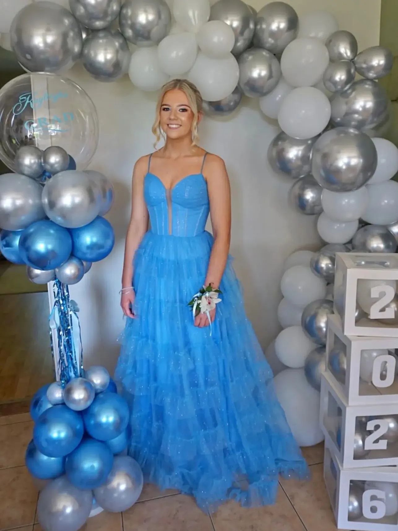 Kayleigh's Grad — blue & silver arch backdrop