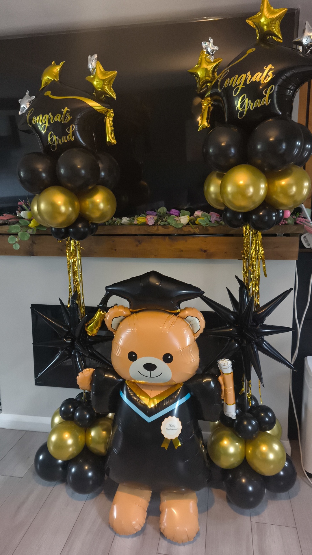 Graduation bear centrepiece — black & gold