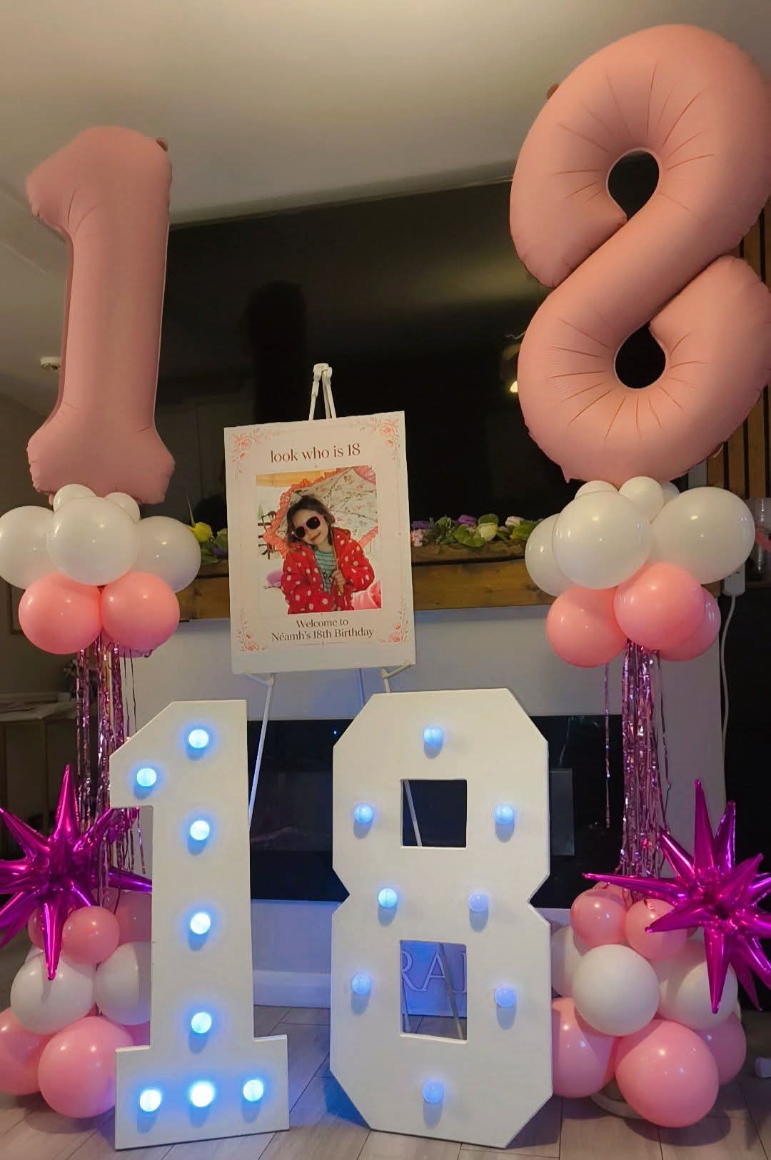Néamh's 18th — pink numbers & marquee 18