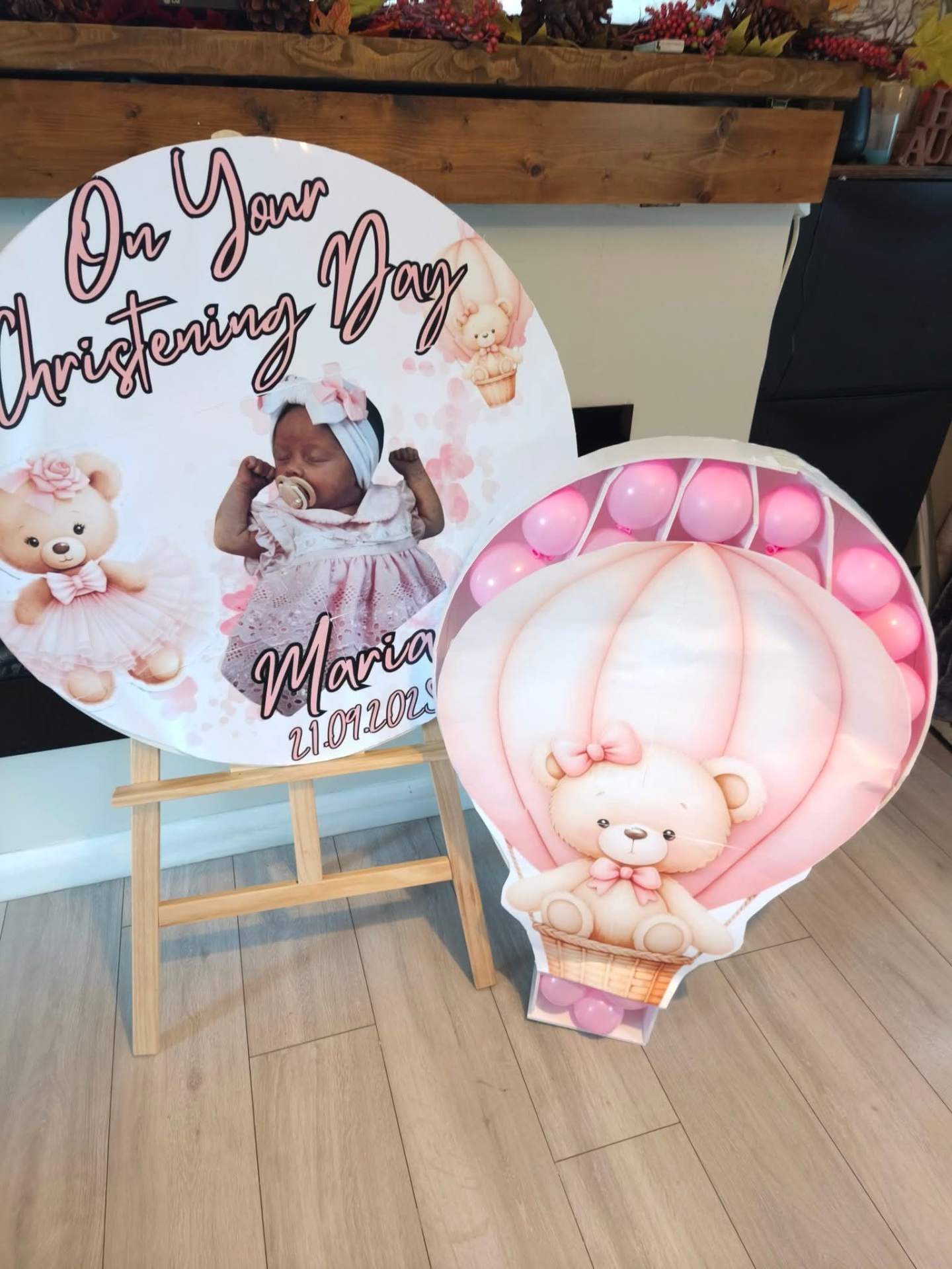 Maria's christening day — pink hot air balloon theme