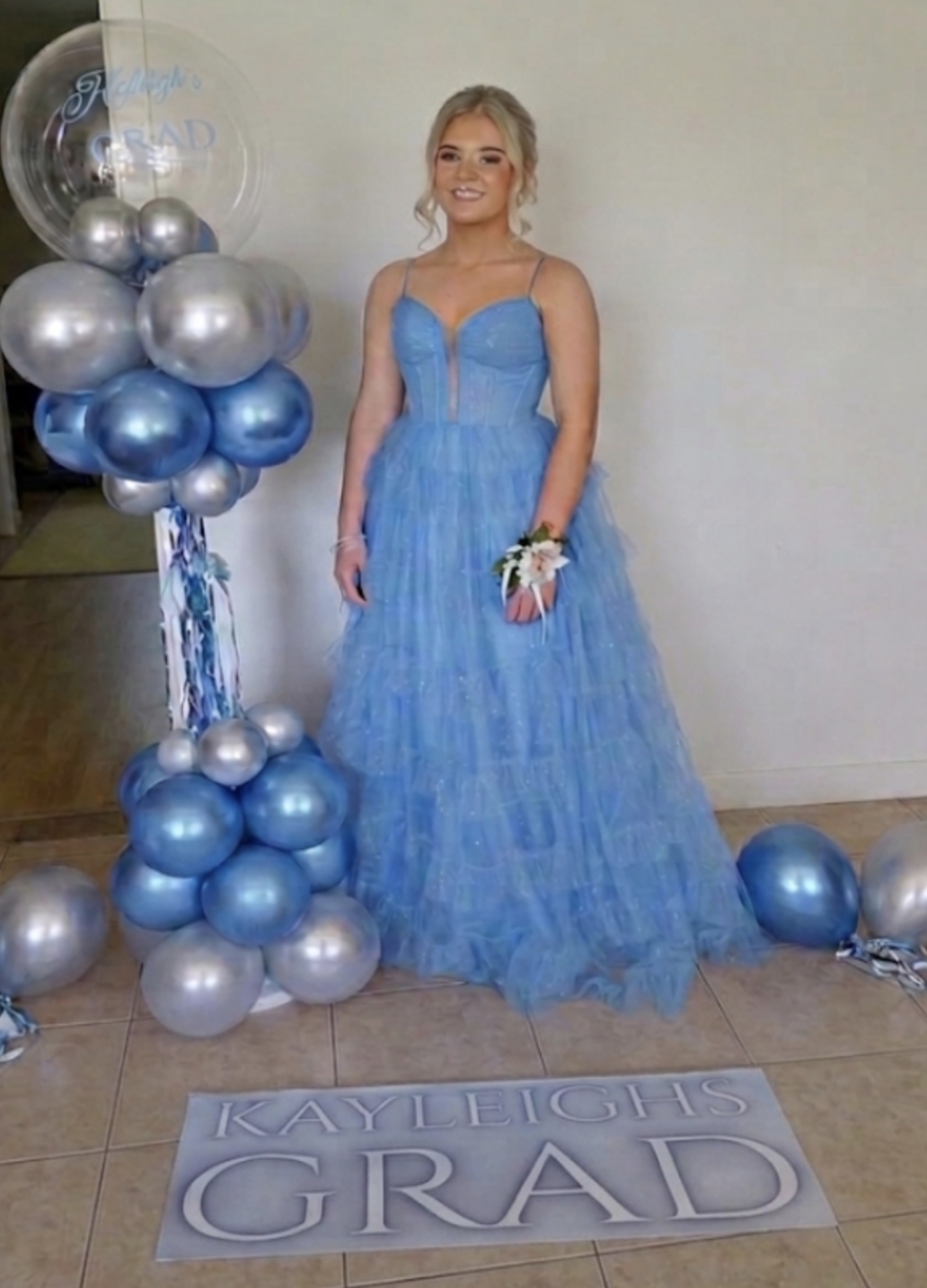 Kayleigh's Grad — blue & silver column with sign