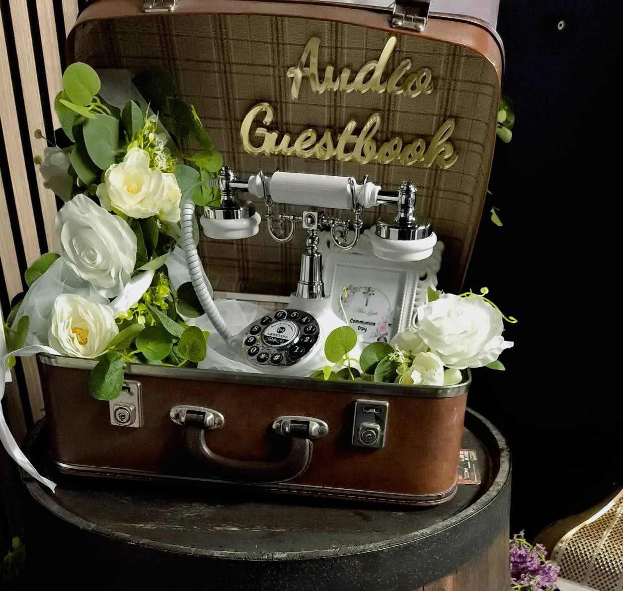 Vintage suitcase audio guestbook