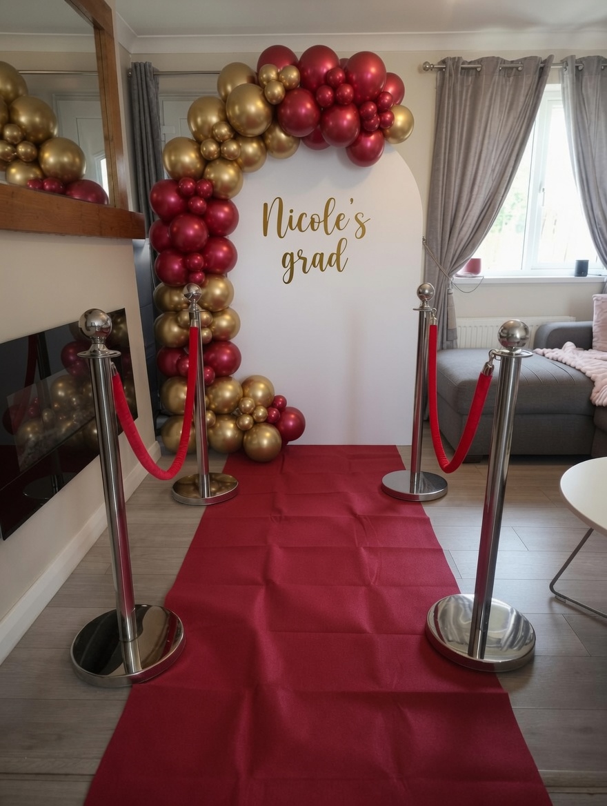 Nicole's Grad — VIP burgundy & gold half arch with red carpet